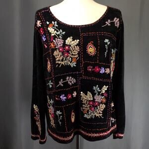 Vintage Coldwater Creek Black Ribbon Floral Patchwork Pullover Sweater Top Small